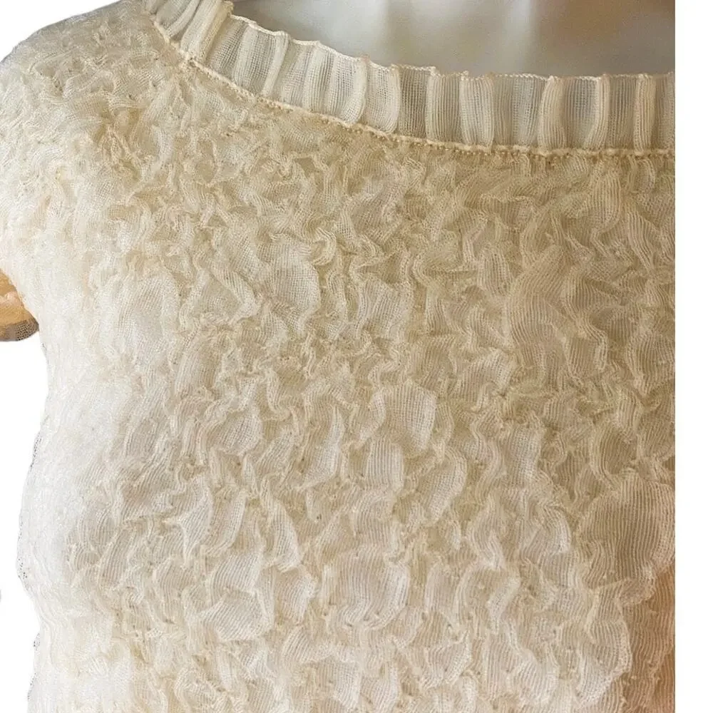 NWT ~ ZARA Beige Lace Tulle Off Shoulders Tight Crop Knit Top ~ Women's SMALL - Picture 5 of 9